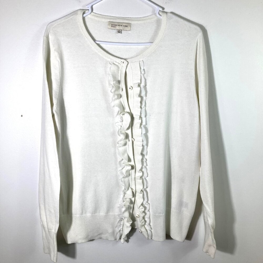 Womens Vintage‎ Jones New York Sport Ivory Cardigan Ruffle Front XL